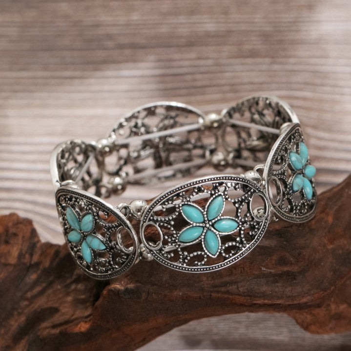 Wholesale Ethnic Style Retro Alloy Turquoise Elastic Bracelet Bohemian Bracelet ACC-BT-JunJie004