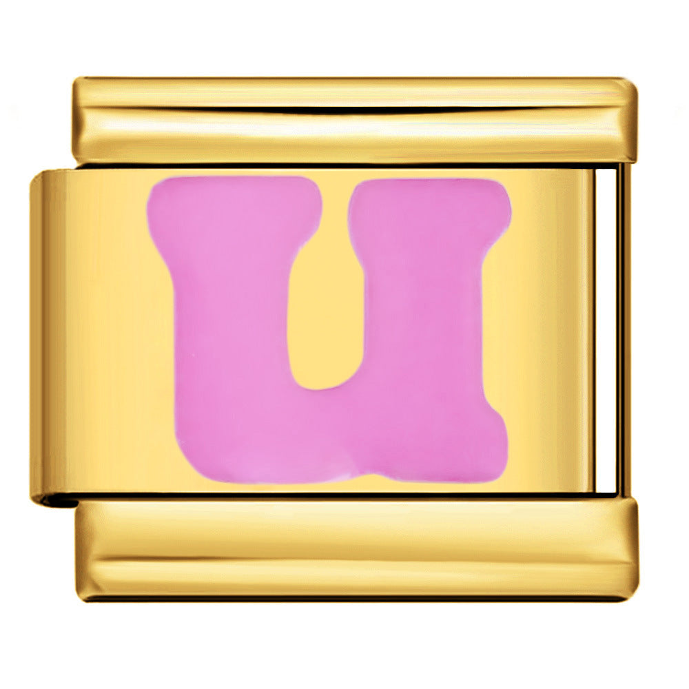 Wholesale Italian Charm Bracelet 9mm DIY All-Gold Concave Pink Letter   Creative Stainless Steel Composable Bracelet