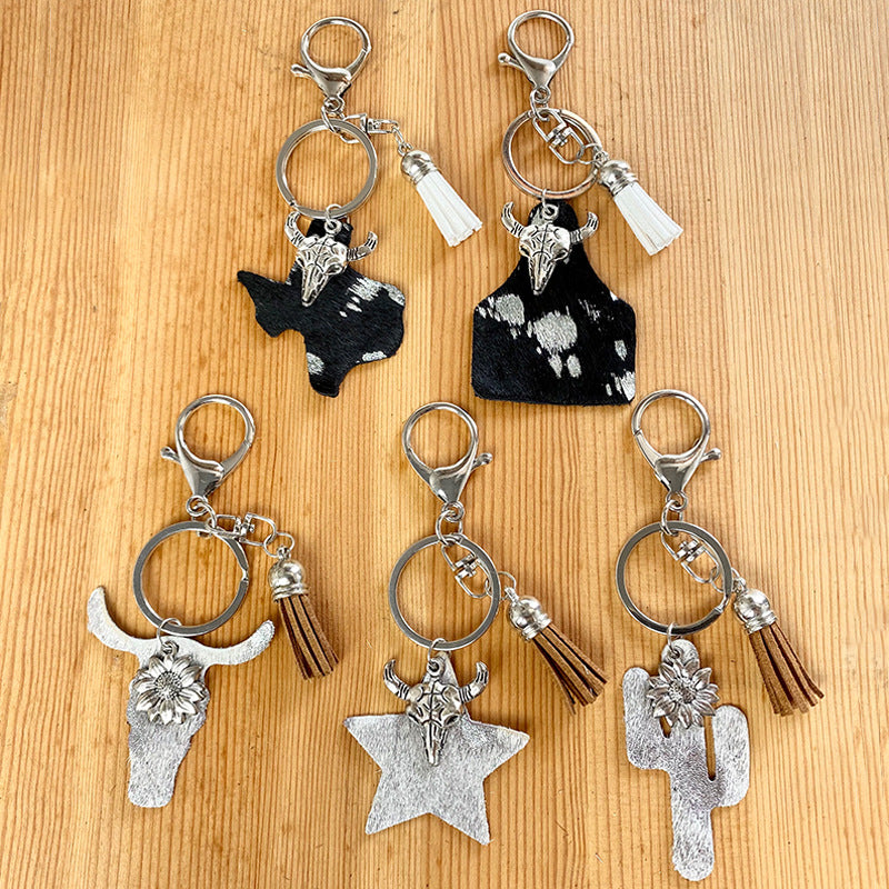 Wholesale of 2pcs/pack Western Fengdezhou Map Horse Hair Genuine Leather Keychain ACC-KC-HY013