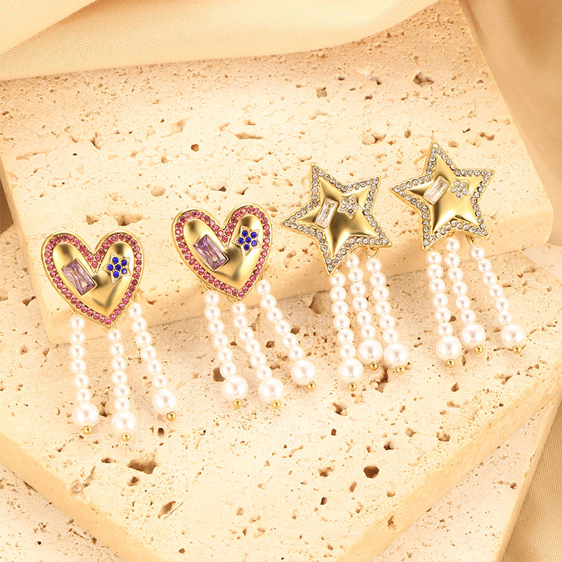 Wholesale Stainless steel five-pointed star love inlaid zircon earrings