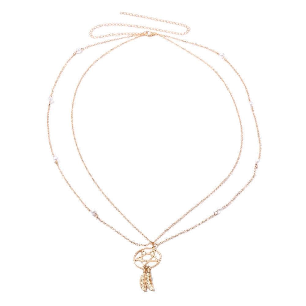 Wholesale  summer waist chain  pearl chain hollow five-pointed star feather alloy pendant waist ornaments