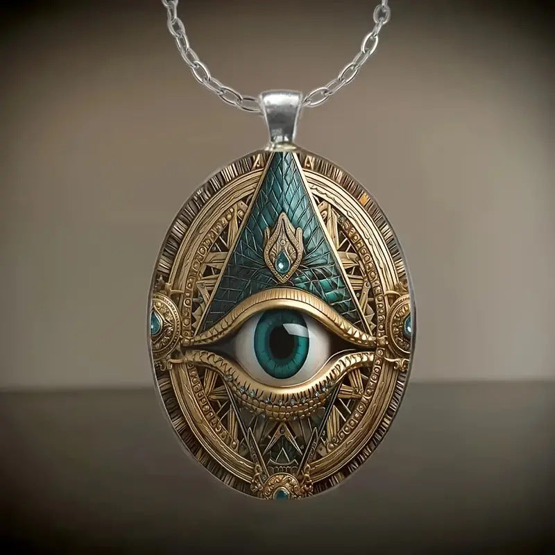Wholesale Elegant Eye Pattern Pendant Necklace Silver Tone Alloy Oval Amulet Design Fashion Accessory