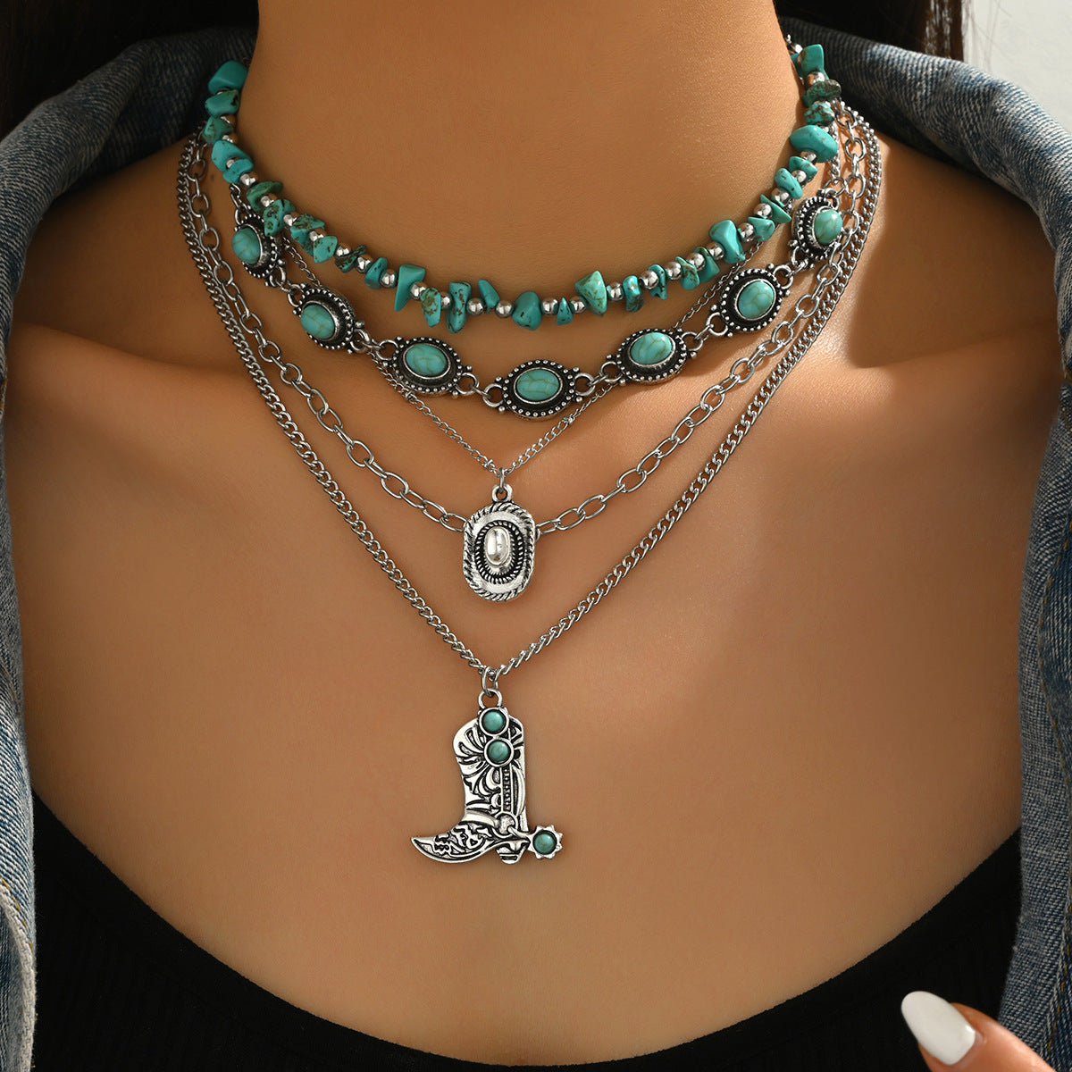 Wholesale Electroplated Alloy Cowboy Necklace Set Vintage Bull Head Turquoise Jewelry Accessory