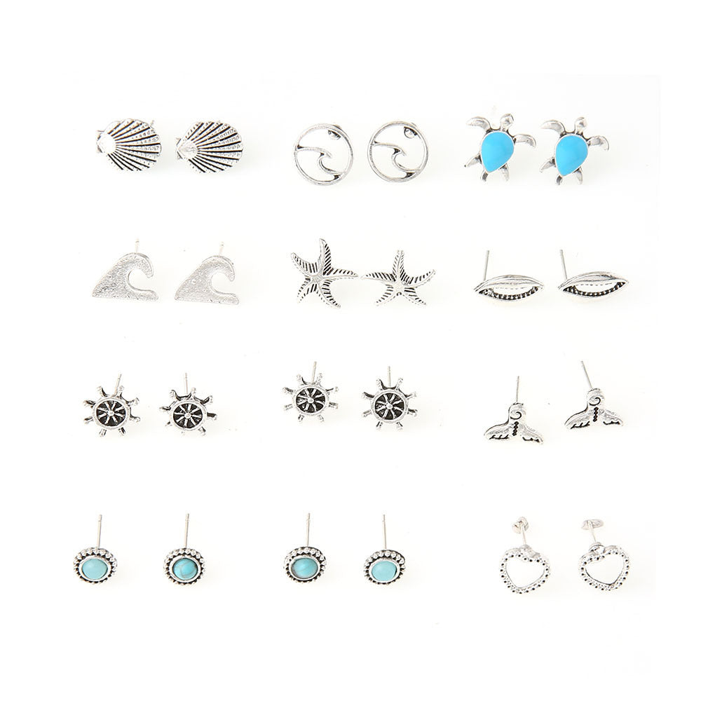 Wholesale  oil-dripping turtle stars wave shell turquoise earrings  set