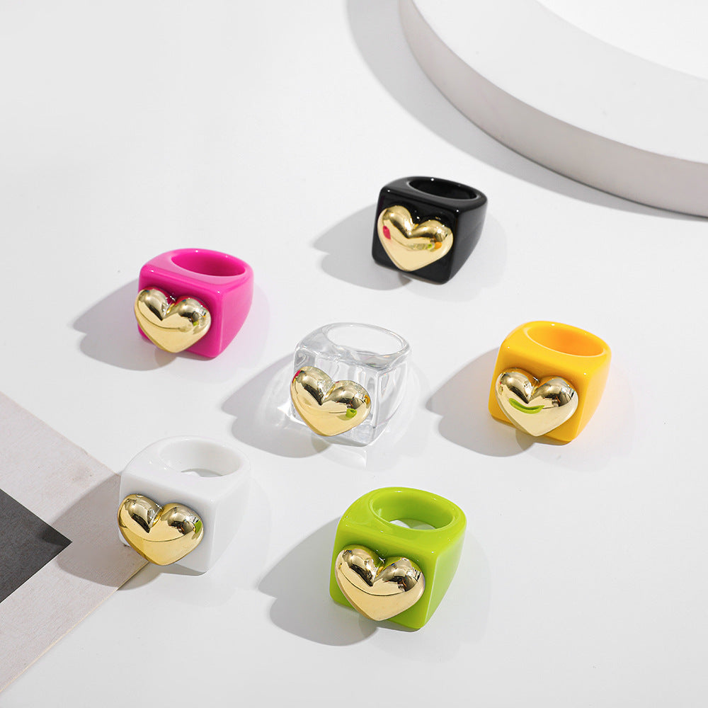 Wholesale resin ring  candy color love gold ring
