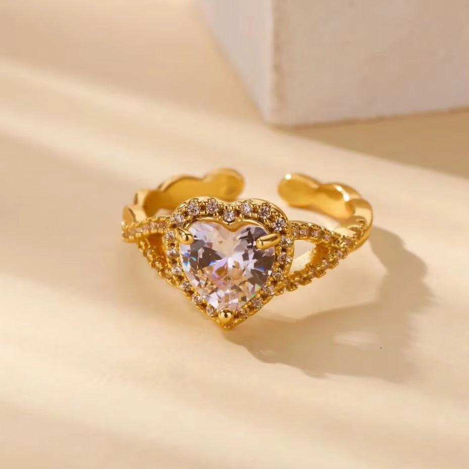 Wholesale Stainless steel zircon adjustable heart flower and butterfly ring