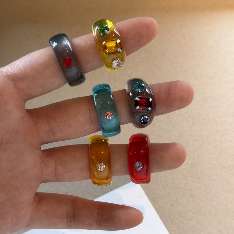 Wholesale Colorful Rhinestone Stacking Ring Plastic Geometric Women Fashion Jewelry Accessory Boutique Resale