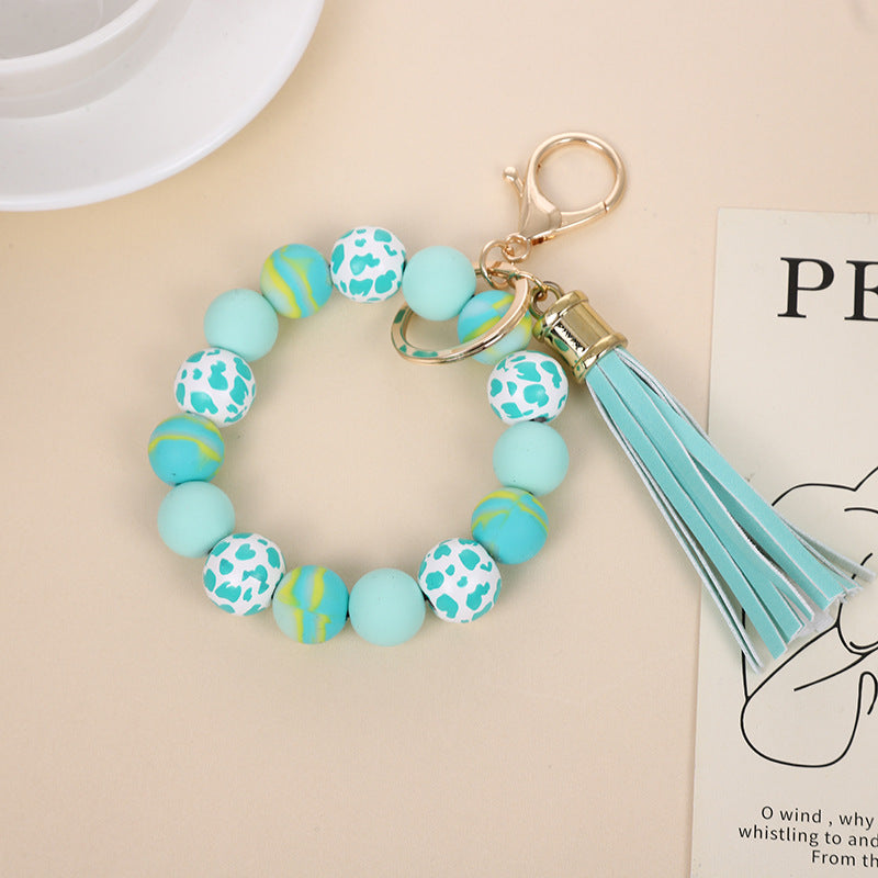Wholesale Retro Silicone Bead Bracelet Keychain With PU Tassel Mint Green Geometric Print Chic Fashion Accessory For Everyday Use