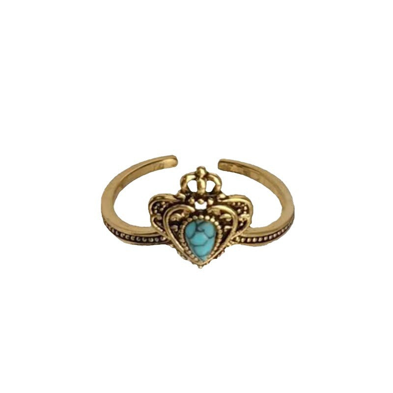 Wholesale Vintage Distressed  Turquoise Crown Iris Flower Opening Ring