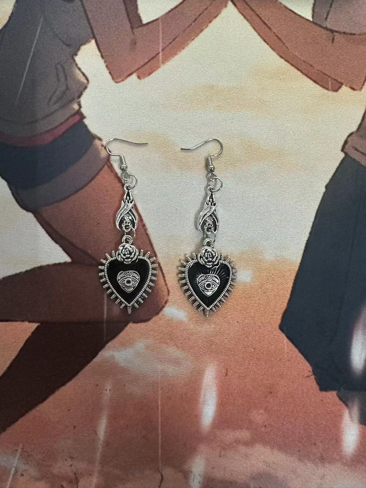 Wholesale Goth Theme Punk Wild Rose Flower Heart Shape Oil Drop Bat Earrings ACC-ES-MLR008