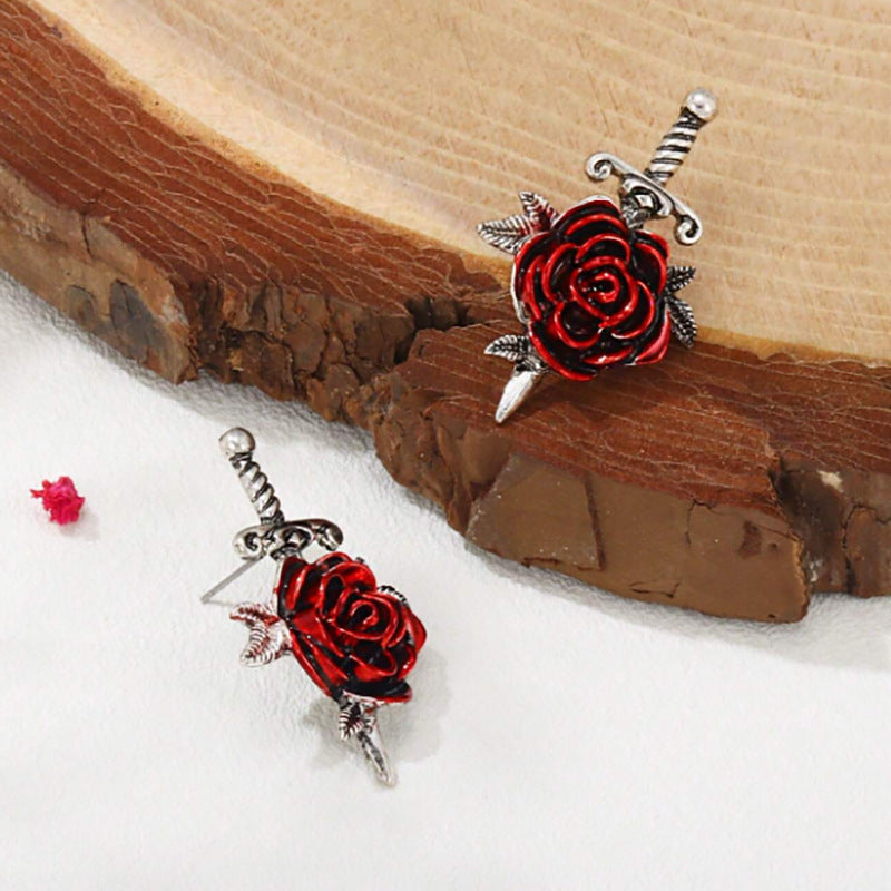 Wholesale Gothic Red Rose Ear Stud  Retro Cross Creative Earrings