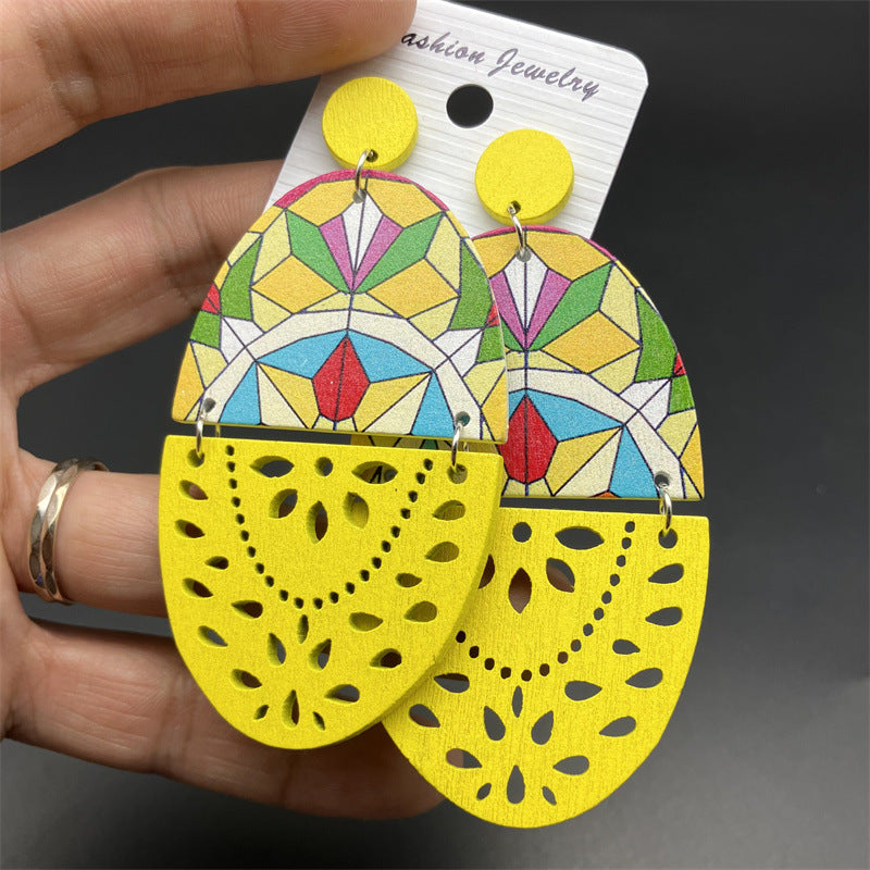 Wholesale Boho Style Cutout Printed Oval Wooden Earrings ACC-ES-FX005