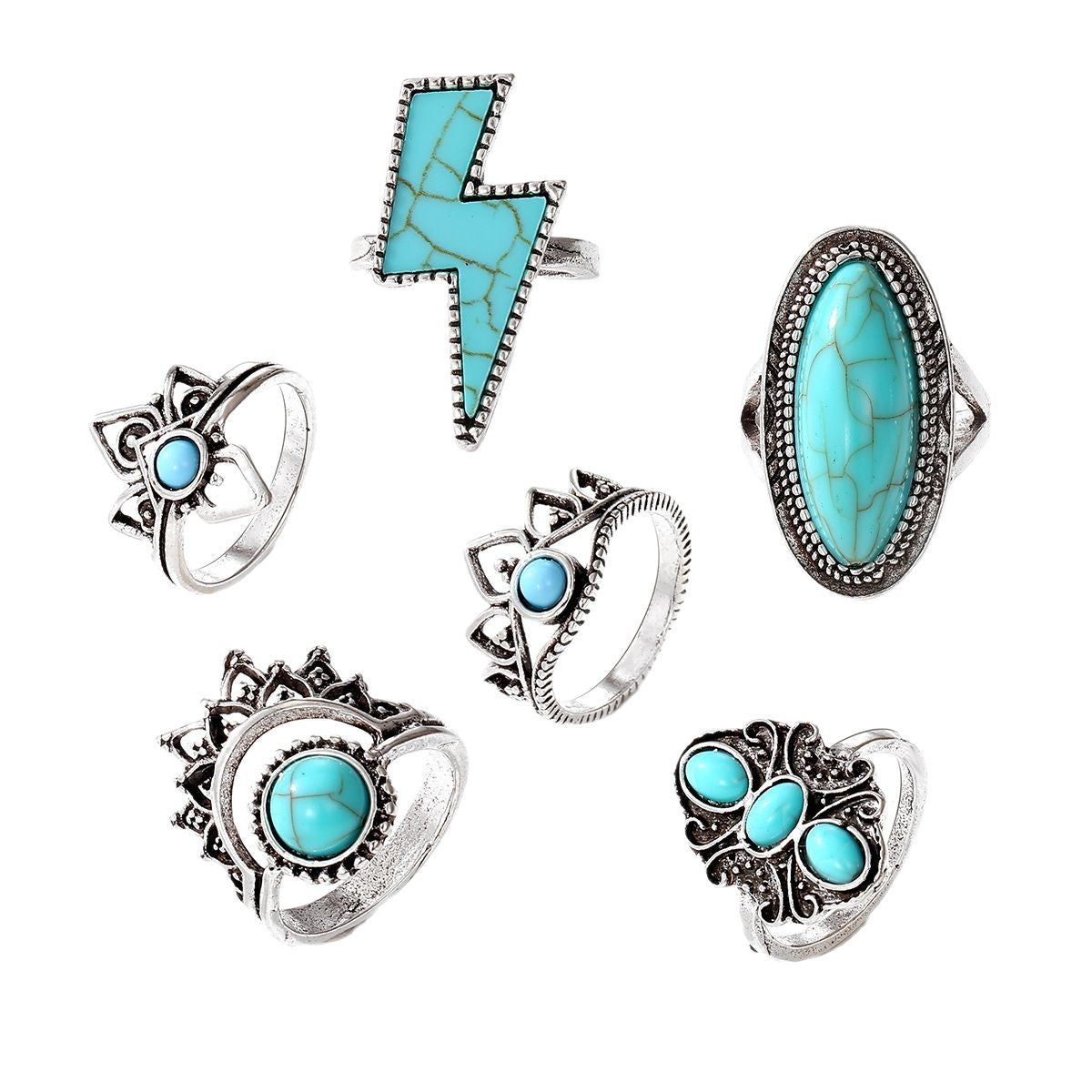 Wholesale  ethnic style retro inlaid turquoise lightning ring set