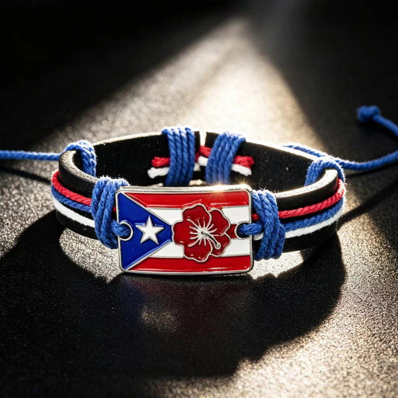 Wholesale European and American style zinc alloy Puerto Rican flag genuine leather bracelet,  men' s hibiscus macadamia flower wholesale woven bracelet