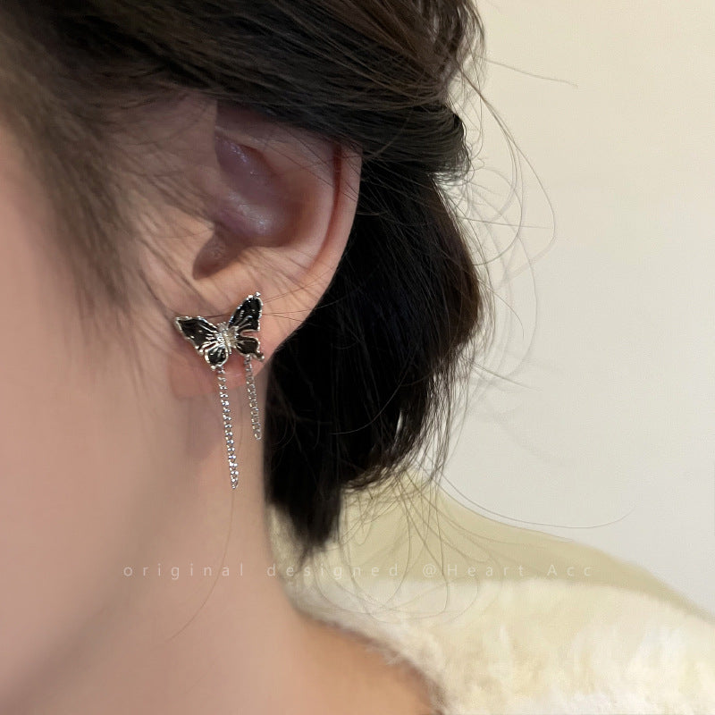 Wholesale black butterfly chain stud earrings