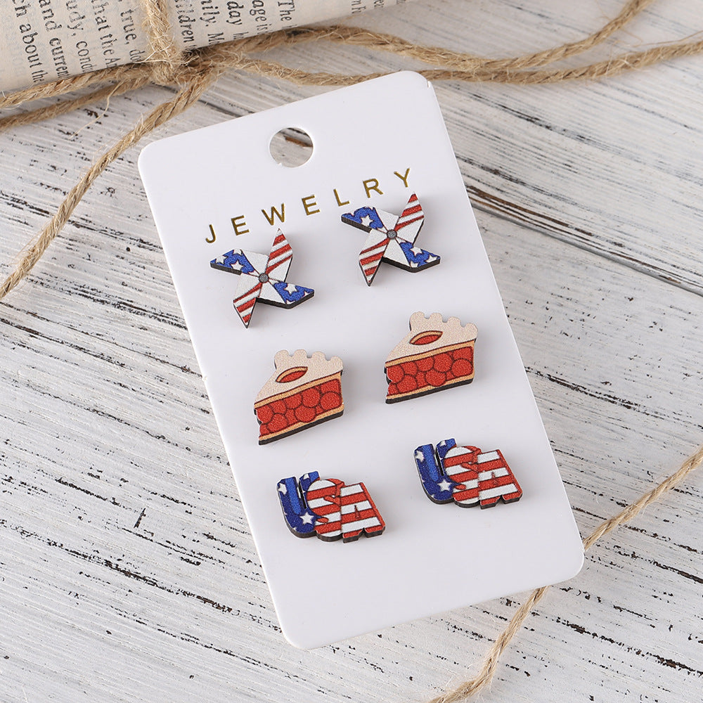 Wholesale Red and White Striped Star Slippers Love American Independence Day Wooden Earnail Set ACC-ES-ChuLian010