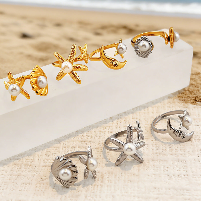 Wholesale Stainless steel starfish shell ring with pearl setting and open design