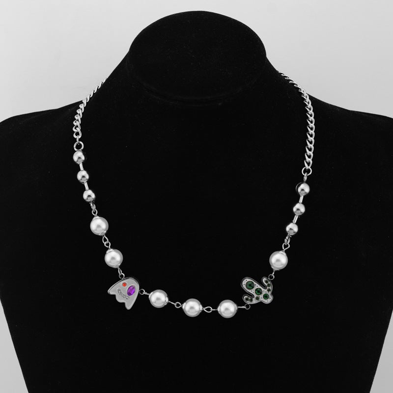Wholesale Titanium Steel Cactus stitching necklace  creative funny ghost  pearl necklace