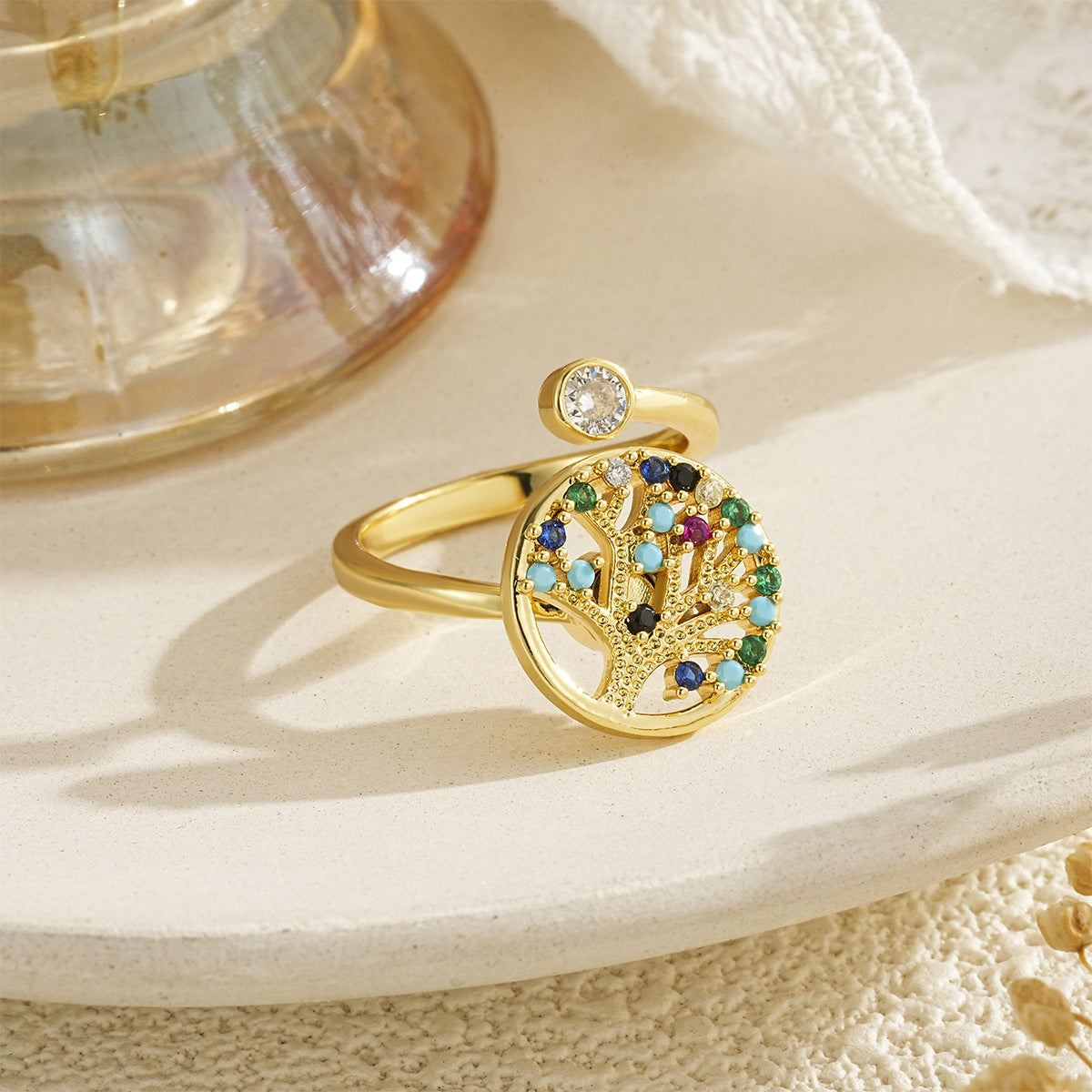 Wholesale Trendy Copper Adjustable Ring with Colorful Zircon Tree of Life Design,  Fashion Jewelry Accessory for Daily Wear