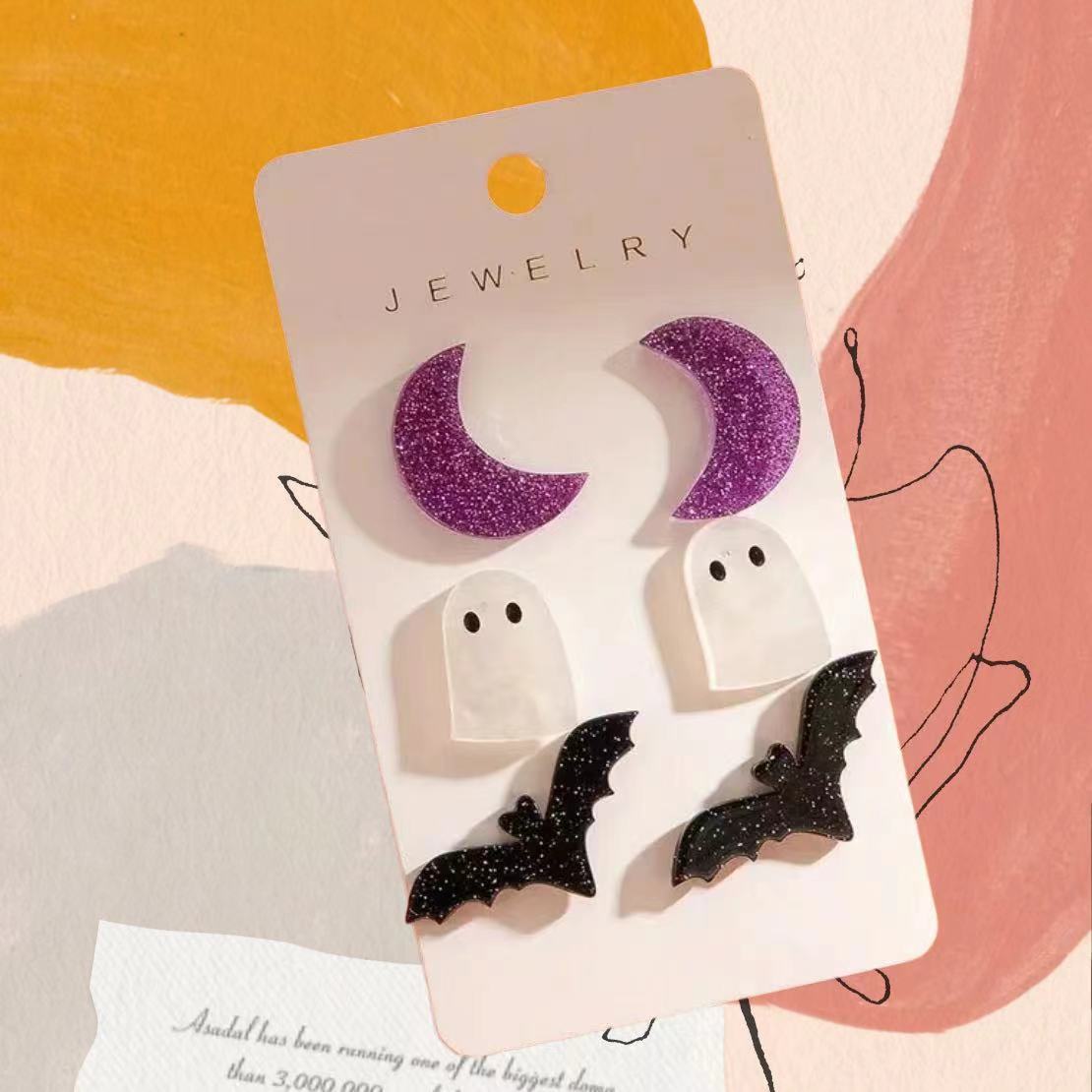 Wholesale Halloween Moon Bat Ghost Acrylic Earrings Three-piece Set ACC-ES-AnDao015