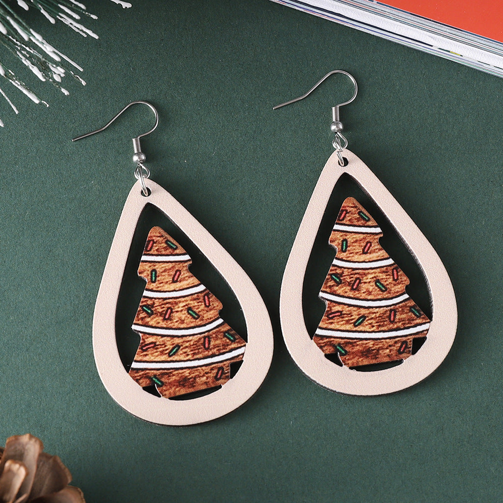 Wholesale Christmas ribbon dessert Christmas tree water drop pendant earrings wooden