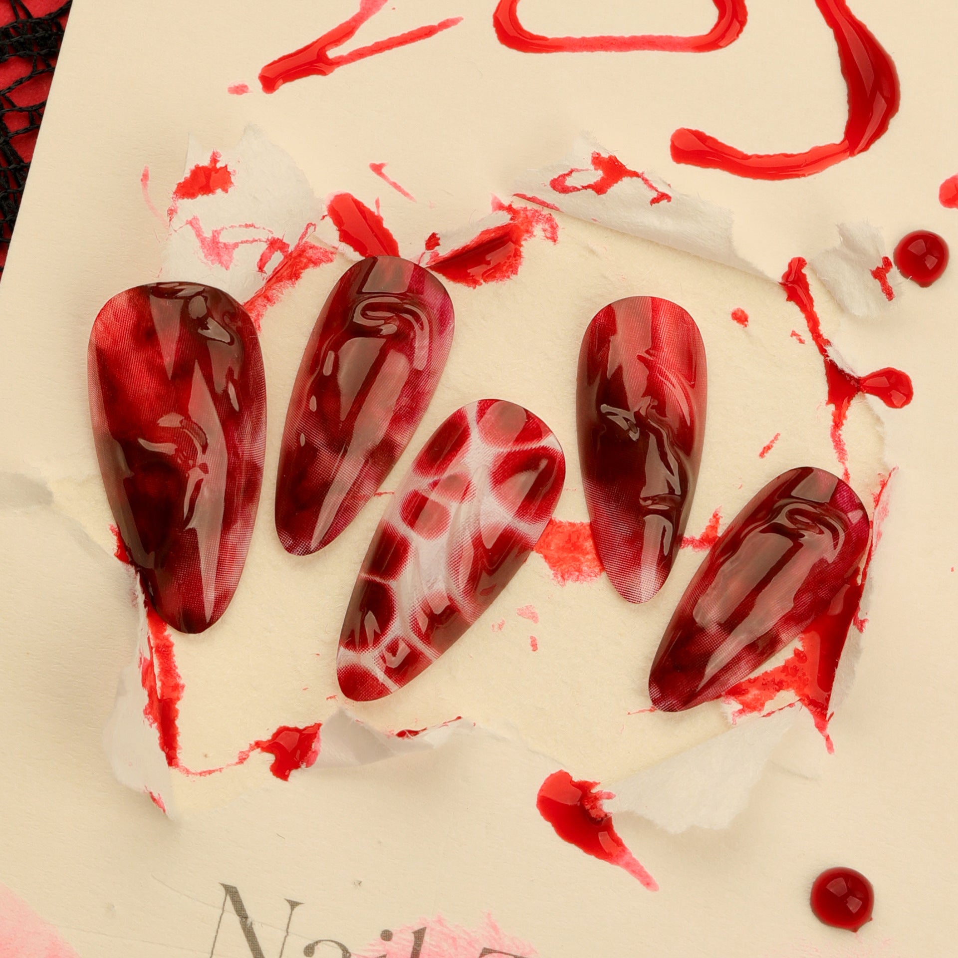 Wholesale 24 Pieces/box Halloween Short Red Smudge Wearable Press-on Nails Kits ACC-NS-LeFan015