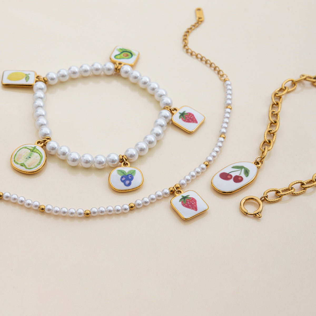 Wholesale 18K Gold Stainless Steel Oil Drop Cross Chain Spring Buckle Printed Cherry Bracelet