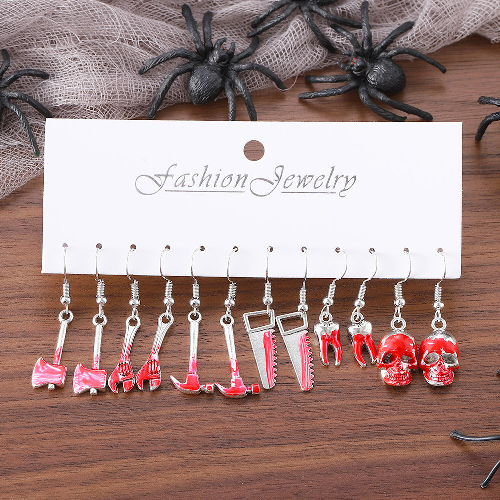 Wholesale Gothic Tool Skull Earring Set For Women 6 Piece Zinc Alloy Electroplated Wrench Axe Saw Hammer Earrings Trendy Party Jewelry Accessory