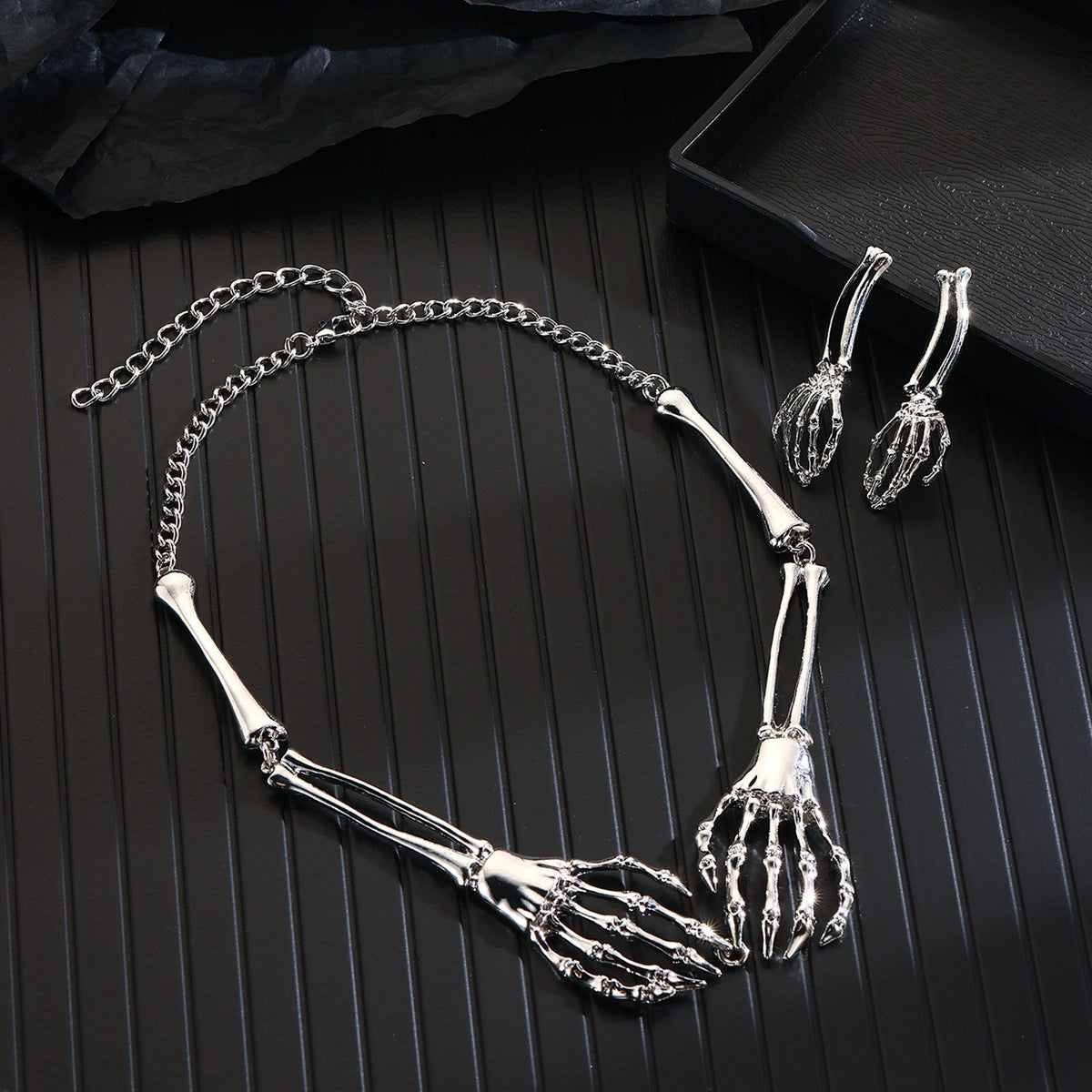 Wholesale Silver Tone Skeleton Hand Necklace and Earrings Set  Fashion Jewelry Accessory
