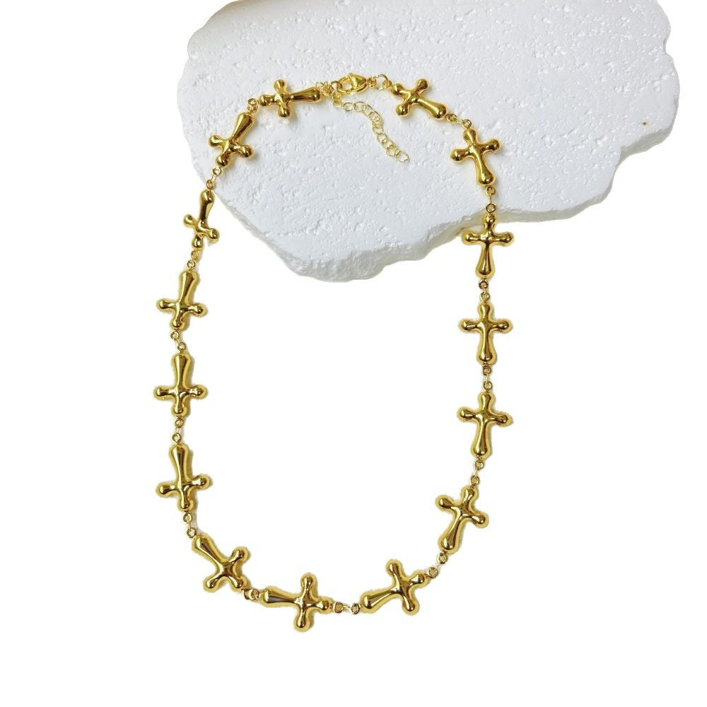 Wholesale  light luxury stainless steel three-dimensional hollow cross bracelet necklace suit