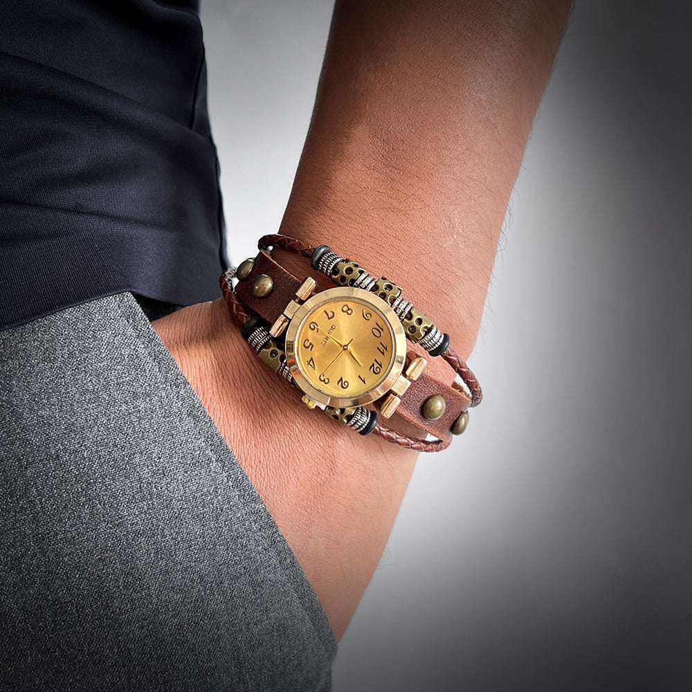 Wholesale Faux Leather Bracelet Watch For Women Multi Layer Woven Rivet Retro Punk Style Fashion Accessory Boutique Resale Gift