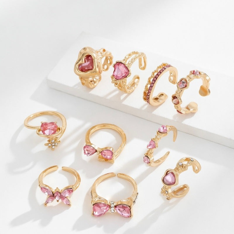 Wholesale Alloy Butterfly Rhinestone Open Ring Set Silver Pink Fashion Jewelry Gift