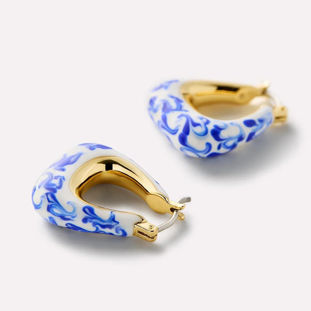 Wholesale  18K gold blue and white porcelain earrings