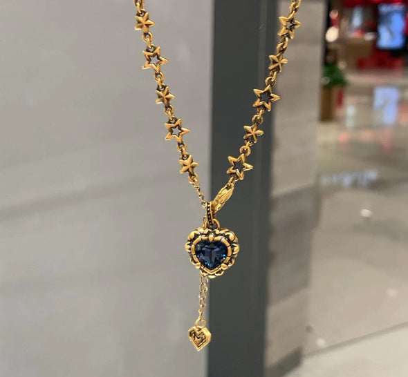 Wholesale Blue Diamond Heart Black Gold Necklace