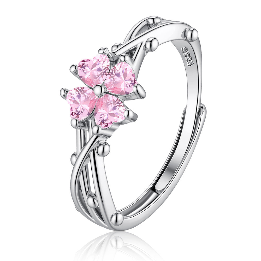 Wholesale Electroplated Copper Zircon Four Leaf Clover Ring Stylish Jewelry Accessory For Women Gift