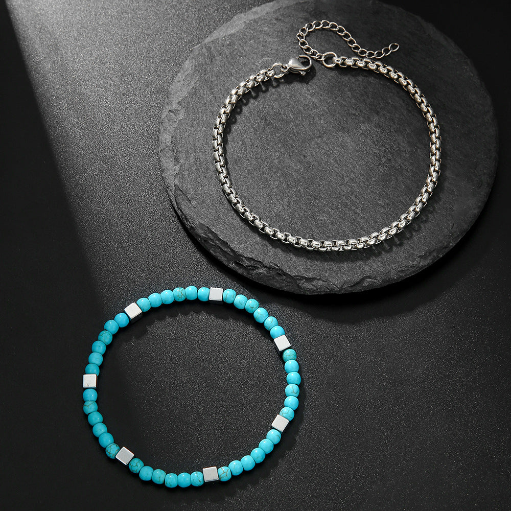 Wholesale Turquoise Black Gallstone Double Layer Bracelet Bohemian Style Trendy Jewelry Accessory Gift