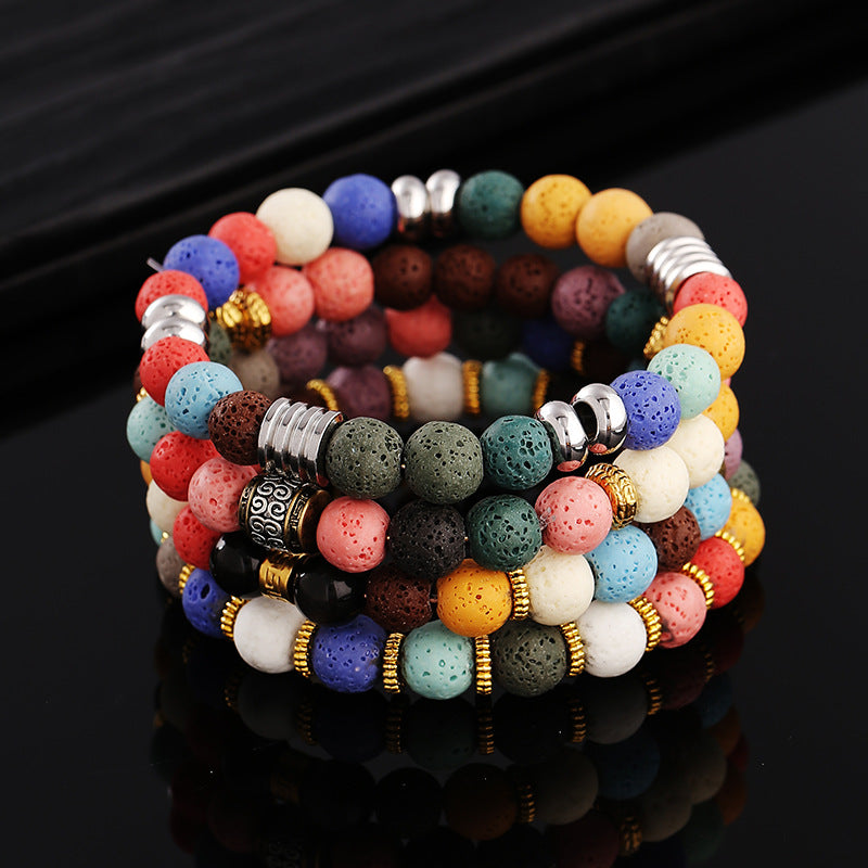 Wholesale Rainbow Volcanic Stone Bracelet Handmade Mixed Beads Unisex Fashion Accessory Gift