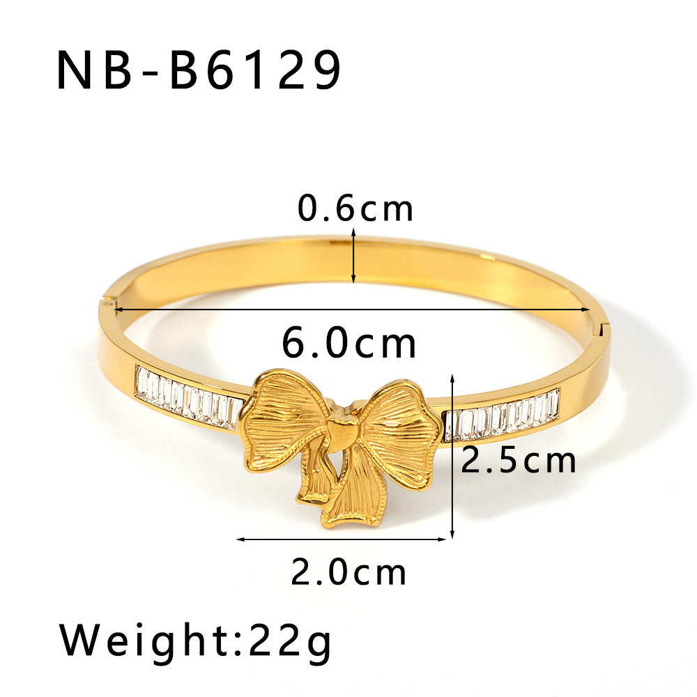 Wholesale Bow Inlaid Zircon Asymmetric Stainless Steel 18k Gold Plated Buckle Bracelet ACC-BT-XinY028