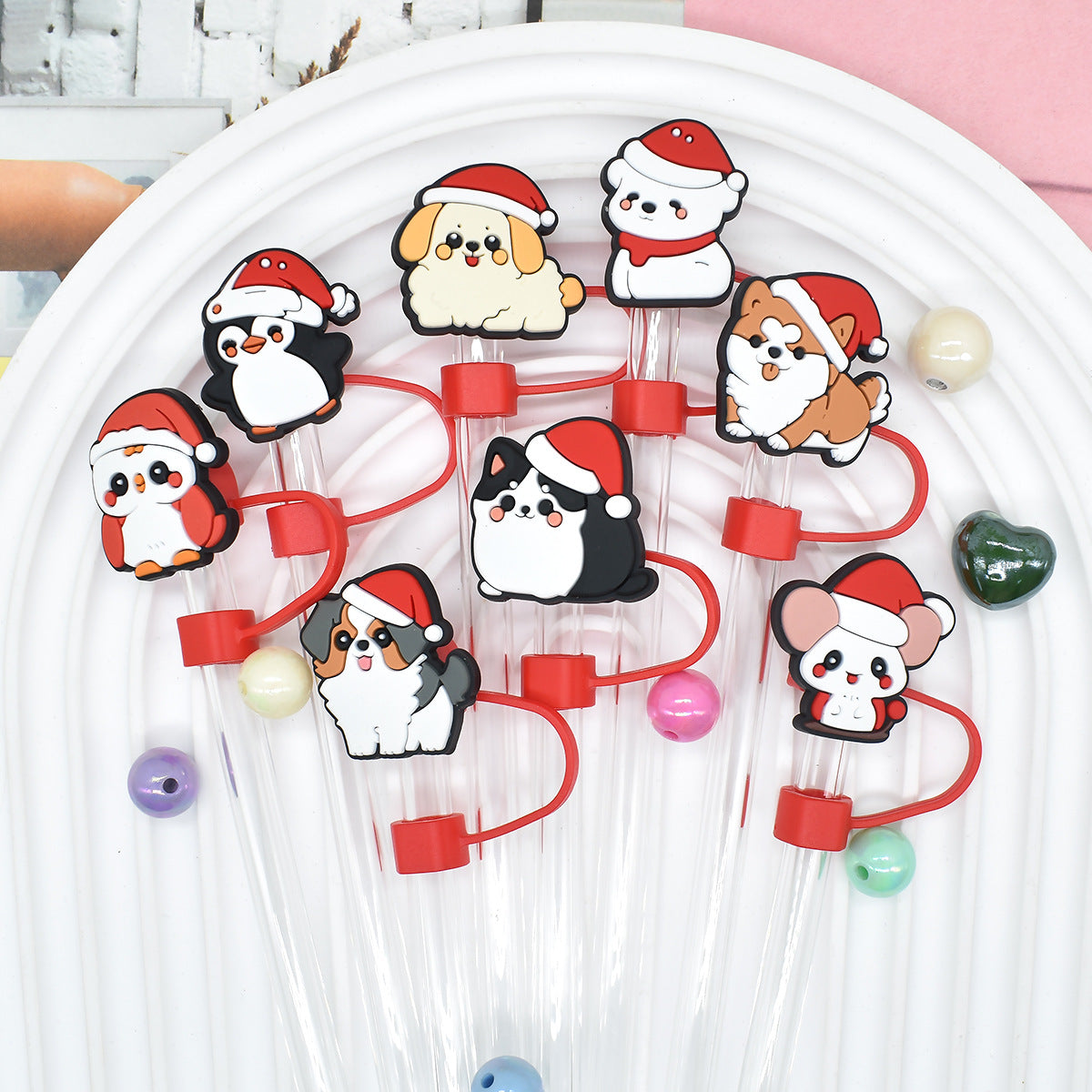 Wholesale Random 100pcs Christmas Cartoon Puppy 10mm PVC Soft Straw Tube Cap ACC-SCR-RYY094