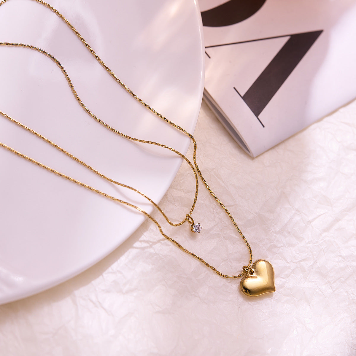 Wholesale Titanium Steel  Heart-shaped Small Diamond Double-layer Necklace
