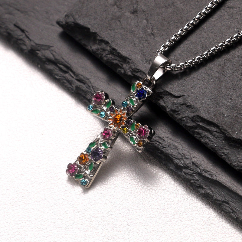 Wholesale Stainless Steel Rhinestone Cross Pendant Necklace,  Trendy Sweater Chain Jewelry Accessory for Everyday Wear