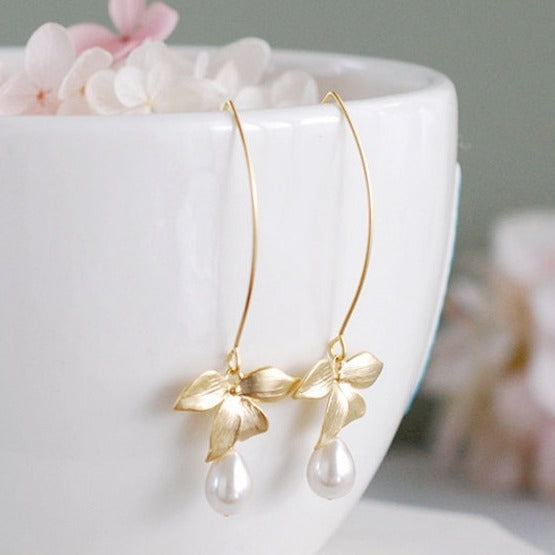Wholesale  Bow Leaf Drop Pearl Earrings