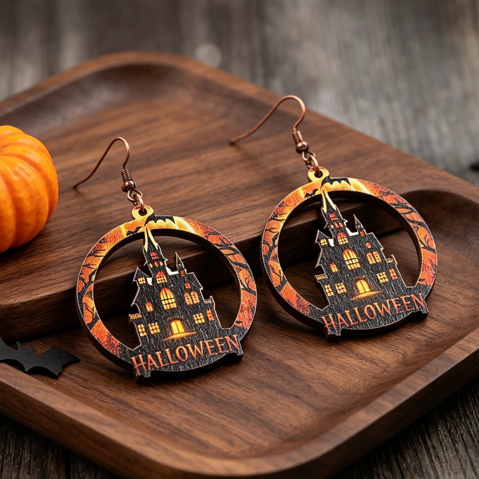 Wholesale Wooden Bat Moon Castle Earrings  Hollow Round Gothic Jewelry Gift