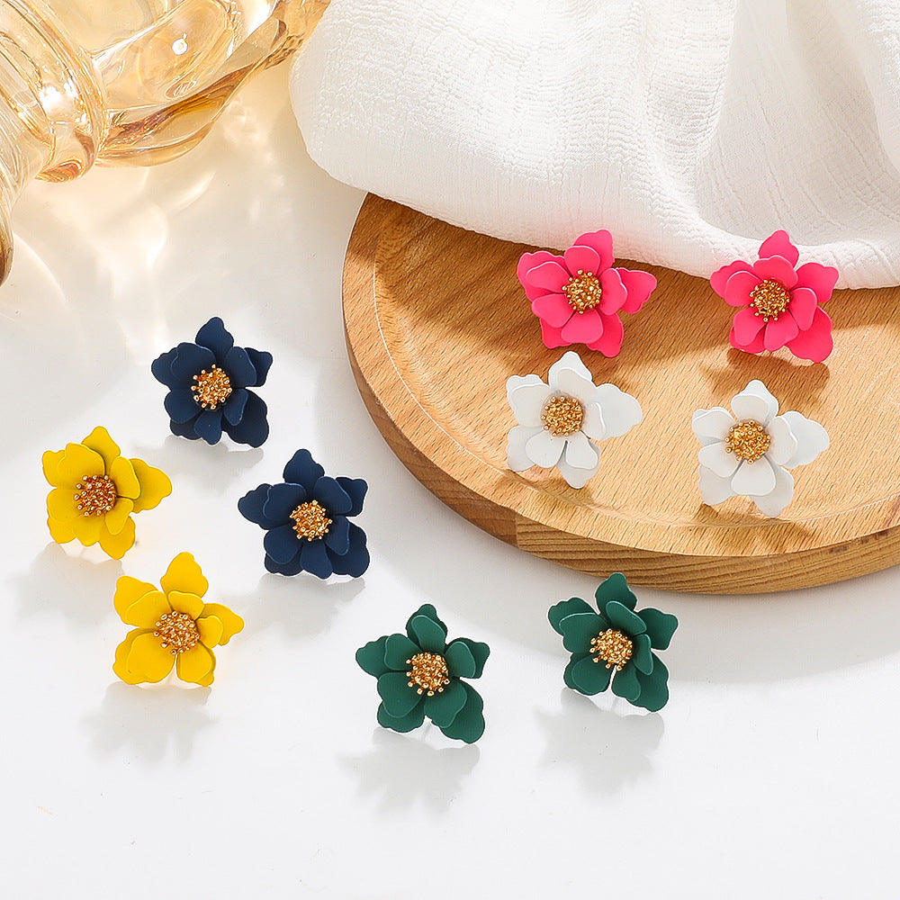 Wholesale Baking Paint Finish Frosted Flower Earrings Trendy Multi Layer Petal Jewelry Accessory For Boutique Resale