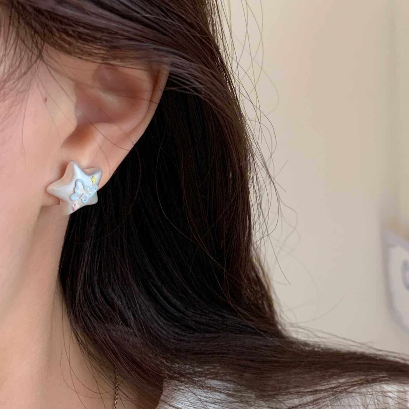 Wholesale Square Graffiti Cat Earrings  Asian Silver Cute Five-pointed Star Butterfly Earrings