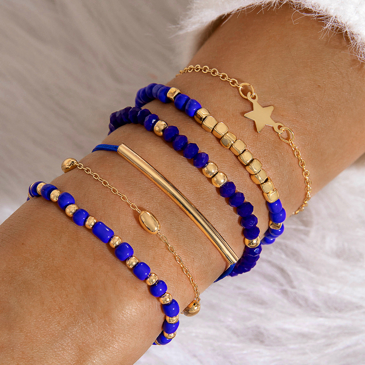 Wholesale 6pcs/set Vintage Black Bead Beaded Bracelet Bohemian Five-pointed Star Bracelet Set