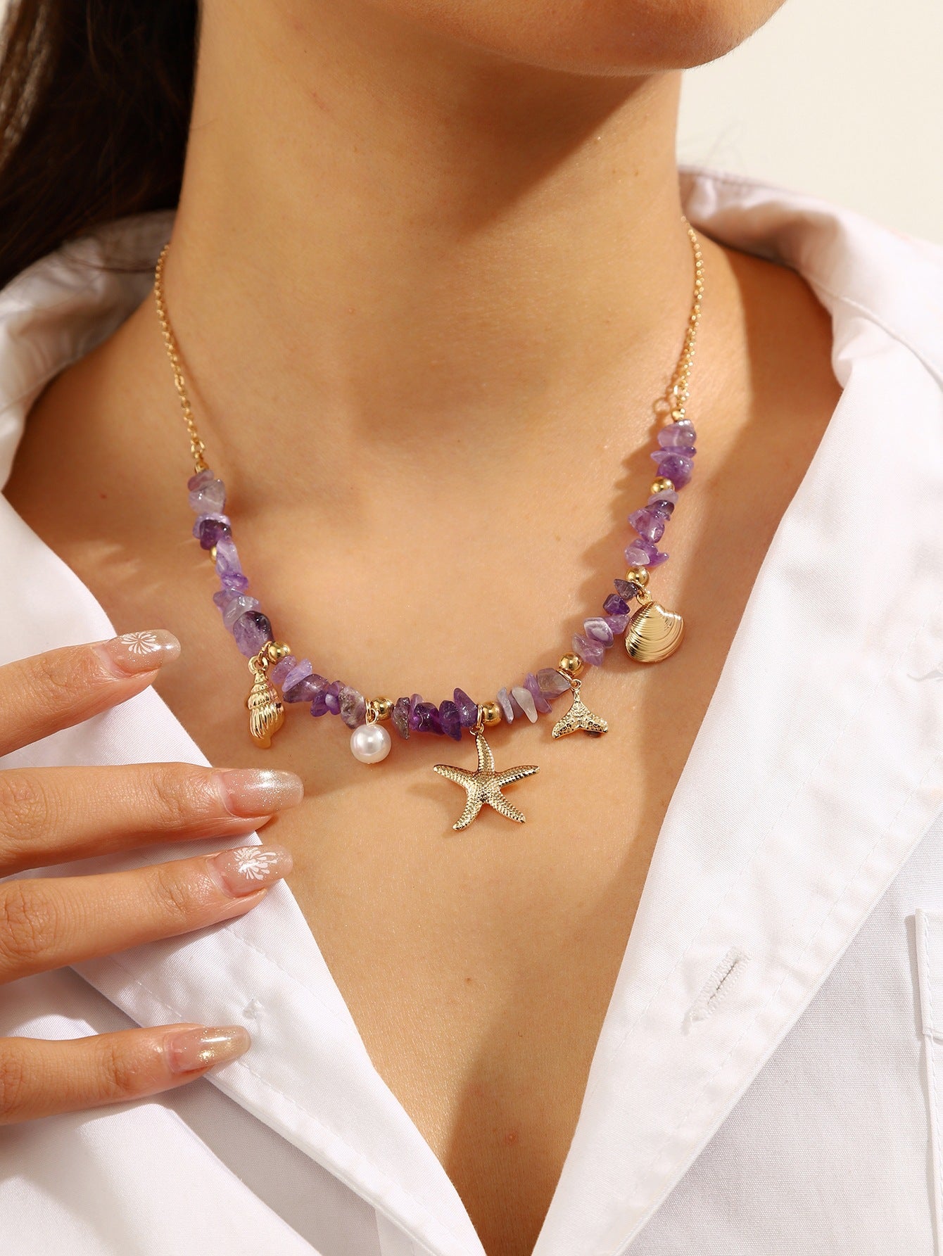 Wholesale stone gravel bead necklace starfish shell pendant necklace