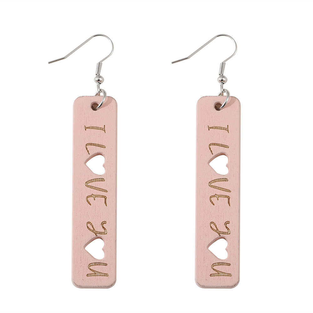 Wholesale Wooden Valentine' s Day hollow heart-shaped square earrings