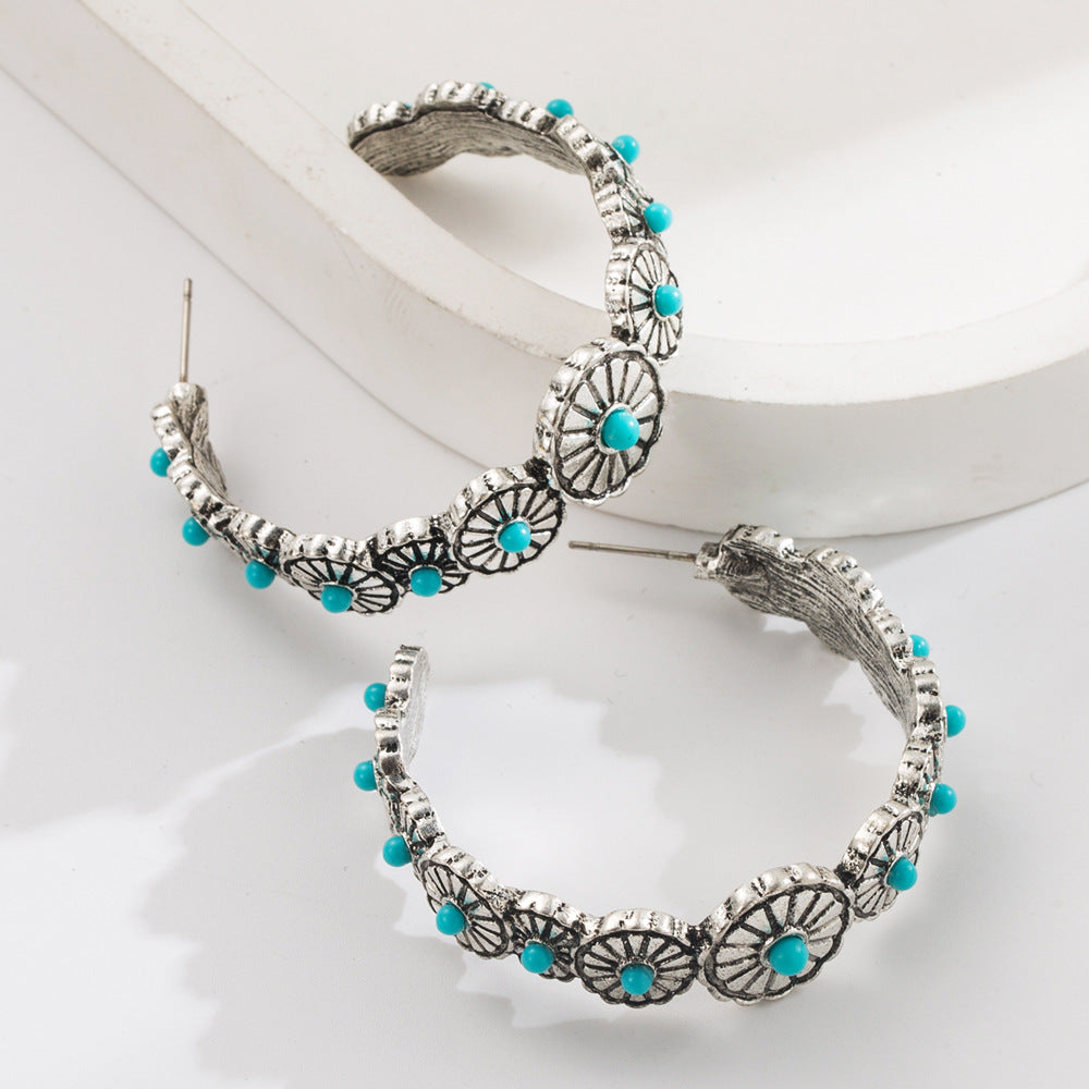 Wholesale Bohemian C-Shape Earrings Turquoise Inlay Zinc Alloy Jewelry Accessory Gift