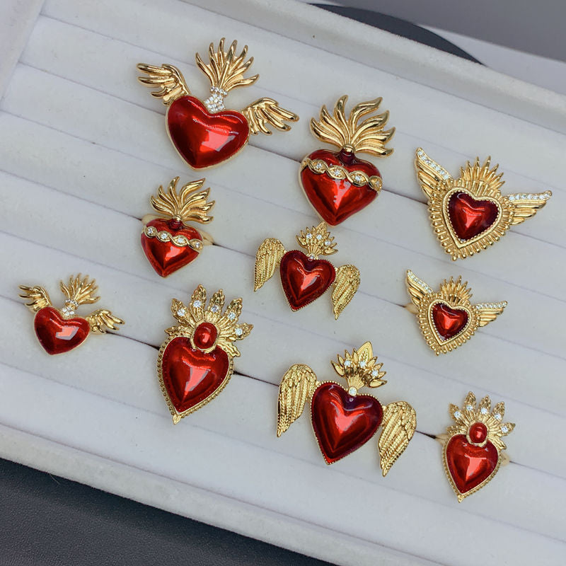 Wholesale Copper Gold-plated Red Oil Drop Love Wings Ring Adjustable